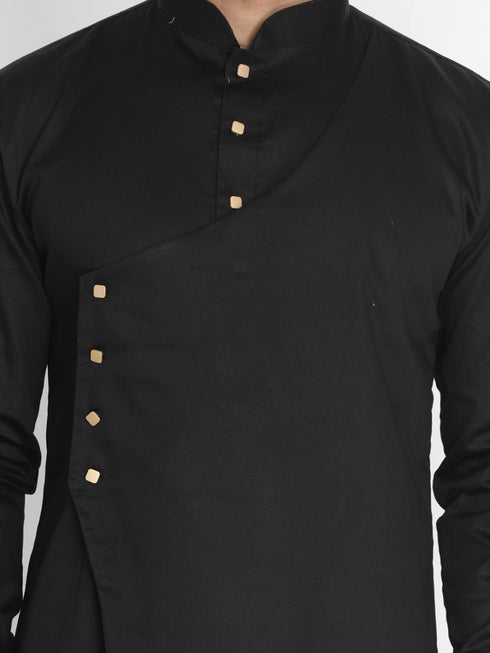 Vastramay Men's Black Cotton Satin Blend Kurta and Churidar Set